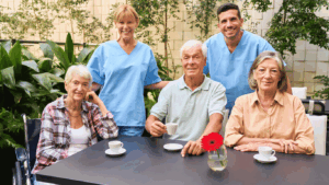 A group of caregiver and seniors with dementia.